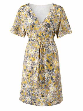 Banana Republic Floral Wrap Dress Size 10 Yellow Gray Tie Waist Flutter Sleeve
